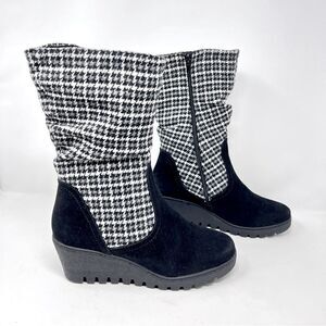 MUK LUKS Vermont Stowe Black White Houndstooth Mid Calf Slouch Wedge Boots 9.5